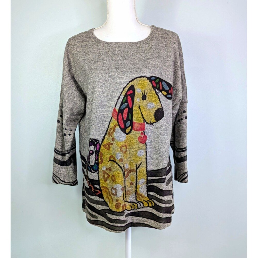 Ali Miles Dog Graphic Knit Tunic Sweater Top Women's Small Gray Animal Lagenlook